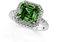 Fancy Green Asscher Cut Diamond Halo Ring Set in White gold with Pavé Shoulders and Halo-Framed Center