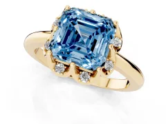 Fancy Blue Asscher Cut Diamond Round Cluster Halo Ring Set in Yellow gold with Solitaire Band and Prong Setting
