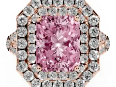 Fancy Pink Radiant Cut Diamond Double Halo Ring Set in Rose gold with Pavé Split Shank and Prong Setting