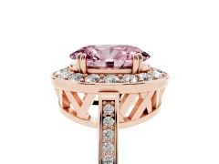 Fancy Pink Oval Cut Diamond Halo Ring Set in Rose gold with Accent-Lined Split Shank and Prong Setting