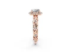 Cushion Cut Diamond Halo Ring Set in Rose gold with Filigree Leaf Band and Prong Setting