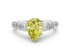 Fancy Yellow Pear Cut Diamond Solitaire Ring Set in Platinum with Cut-Down Micro Pavé Band and Prong Setting