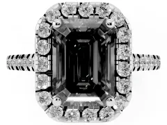 Fancy Black Emerald Cut Diamond Cushion Halo Ring Set in Platinum with Pavé Band