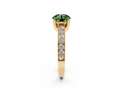 Fancy Green Round Cut Diamond Solitaire Ring Set in Yellow gold with Milgrain-Edged Pavé Band and Prong Setting