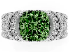Fancy Green Cushion Cut Diamond Milgrain Halo Pavé Engagement Ring Set in Silver with Prong Setting