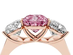 Fancy Pink Cushion Cut Diamond Three-Stone Ring Set in Rose gold with Plain Polished Band