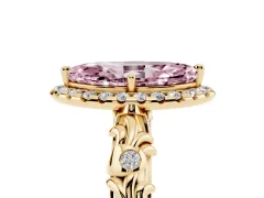 Fancy Pink Marquise Cut Diamond Halo Ring Set in Yellow gold with Filigree Leaf Band and Prong Setting