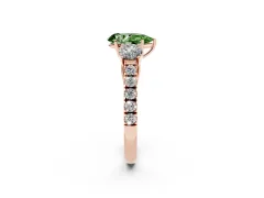 Fancy Green Pear Cut Diamond Three-Stone Ring Set in Rose gold with Round Side Stones and Delicate Pavé Band