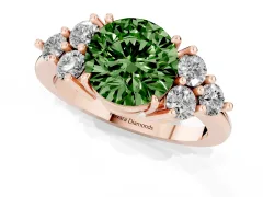 Fancy Green Round Cut Diamond Solitaire Ring Set in Rose gold with Cluster Accents on Each Side