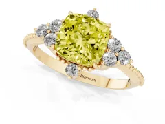 Fancy Yellow Cushion Cut Diamond Cluster Ring Set in Yellow gold with Beaded Band