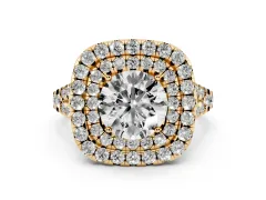 Round Cut Diamond Double Halo Ring Set in Yellow gold with Pavé Split Shank and Prong Setting