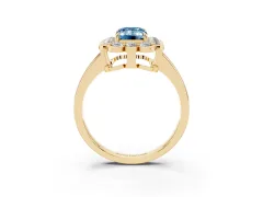 Fancy Blue Emerald Cut Diamond Halo Cluster Engagement Ring Set in Yellow gold with Solitaire Band and Prong Setting