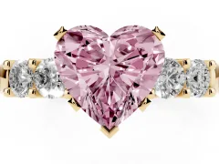 Fancy Pink Heart Cut Diamond Five-Stone Prong Set Engagement Ring Set in Yellow gold with Channel Band
