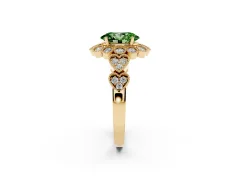 Fancy Green Oval Cut Diamond Solitaire Ring Set in Yellow gold with Milgrain Pavé Heart Band