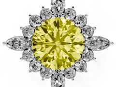 Fancy Yellow Round Cut Diamond Cluster Halo Ring Set in White gold with Marquise and Round Accents