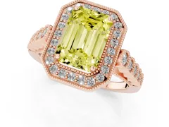Fancy Yellow Emerald Cut Diamond Milgrain Halo Solitaire Ring Set in Rose gold with Bezel Set Side Stones and Pavé Band