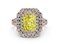 Fancy Yellow Radiant Cut Diamond Double Halo Ring Set in Rose gold with Pavé Split Shank and Prong Setting