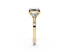 Fancy Yellow Emerald Cut Diamond Three-Stone Ring Set in Yellow gold with Pavé Band and Smaller Side Stones
