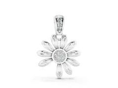 Round Diamond Daisy Flower Pendant Set in Silver with Pavé Petal Accents