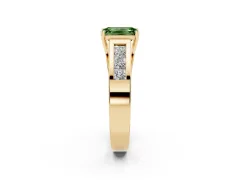 Fancy Green Emerald Cut Diamond Solitaire Ring Set in Yellow gold with Channel-Set Accent Stones and Prong Setting