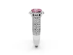 Fancy Pink Radiant Cut Diamond Halo Ring Set in Platinum with Pavé Band and Raised Center Setting