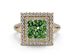 Fancy Green Princess Cut Diamond Double Halo Ring Set in Yellow gold with Pavé Band