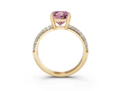 Fancy Pink Princess Cut Diamond Solitaire Ring Set in Yellow gold with Multi-Row Round Pavé Band and Prong Setting