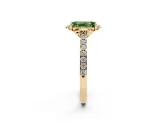 Fancy Green Emerald Cut Diamond Solitaire Ring Set in Yellow gold with Pavé Band and Floral Prong Setting