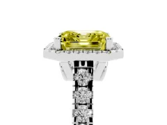 Fancy Yellow Asscher Cut Diamond Halo Engagement Ring Set in Platinum with Pavé Band and Prong-Set Center
