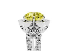 Fancy Yellow Round Cut Diamond Floral Halo Split Shank Engagement Ring Set in Silver with Pavé Shank