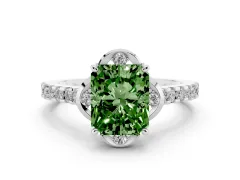 Fancy Green Radiant Cut Diamond Solitaire Ring Set in Platinum with Pavé Band and Floral Prong Setting