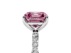 Fancy Pink Asscher Cut Diamond Solitaire Engagement Ring Set in White gold with Round Pavé Band and Prong Setting