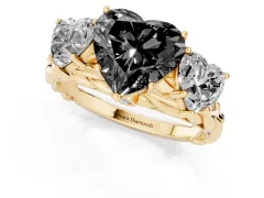 Fancy Black Heart Cut Diamond Three-Stone Ring Set in Yellow gold with Braided Band