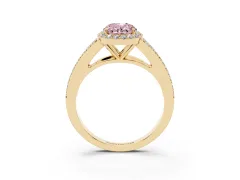 Fancy Pink Oval Cut Diamond Halo Split Shank Pavé Ring Set in Yellow gold with Prong Setting