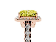 Fancy Yellow Radiant Cut Diamond Halo Engagement Ring Set in Rose gold with Pavé Band and Prong-Set Center