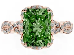 Fancy Green Radiant Cut Diamond Halo Twist Band Solitaire Ring Set in Rose gold with Prong-Set Center Stone