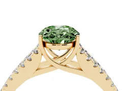 Fancy Green Oval Cut Diamond Split Shank Pavé Engagement Ring Set in Yellow gold with Prong-Held Center Stone