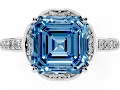 Fancy Blue Asscher Cut Diamond Halo Ring Set in Silver with Channel Set Band and Prong Setting