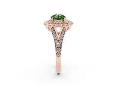 Fancy Green Round Cut Diamond Double Halo Ring Set in Rose gold with Pavé Split Shank and Prong Setting