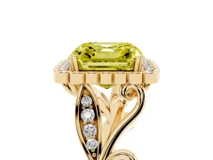 Fancy Yellow Asscher Cut Diamond Halo Ring Set in Yellow gold with Leaf Motif Split Shank and Prong Setting