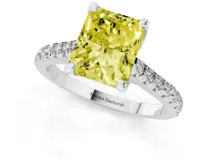 Fancy Yellow Radiant Cut Diamond Solitaire Ring Set in Silver with Brilliant Pavé Band and Prong Setting
