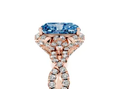 Fancy Blue Radiant Cut Diamond Halo Twist Band Solitaire Ring Set in Rose gold with Prong-Set Center Stone