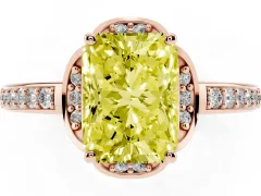 Fancy Yellow Radiant Cut Diamond Halo Ring Set in Rose gold with Channel Set Band and Prong Setting