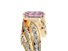 Fancy Pink Emerald Cut Diamond Solitaire Ring Set in Yellow gold with Layered Twist Pavé Band