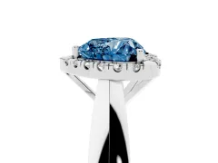 Fancy Blue Heart Cut Diamond Halo Solitaire Engagement Ring Set in White gold with Square Band and Prong Setting