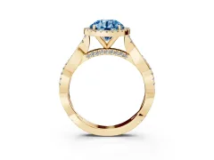 Fancy Blue Round Cut Diamond Halo Twist Band Solitaire Ring Set in Yellow gold with Prong Setting