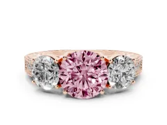 Fancy Pink Round Cut Diamond Three-Stone Engagement Ring Set in Rose gold with Milgrain Pavé Band