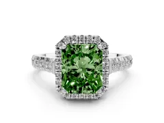 Fancy Green Radiant Cut Diamond Halo Engagement Ring Set in Silver with Pavé Band and Prong-Set Center