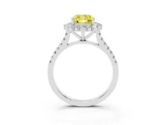Fancy Yellow Cushion Cut Diamond Halo Ring Set in Platinum with Pavé Band and Prong Setting