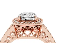 Cushion Cut Diamond Halo Ring Set in Rose gold with Stone-Set Split Shank and Milgrain Edges